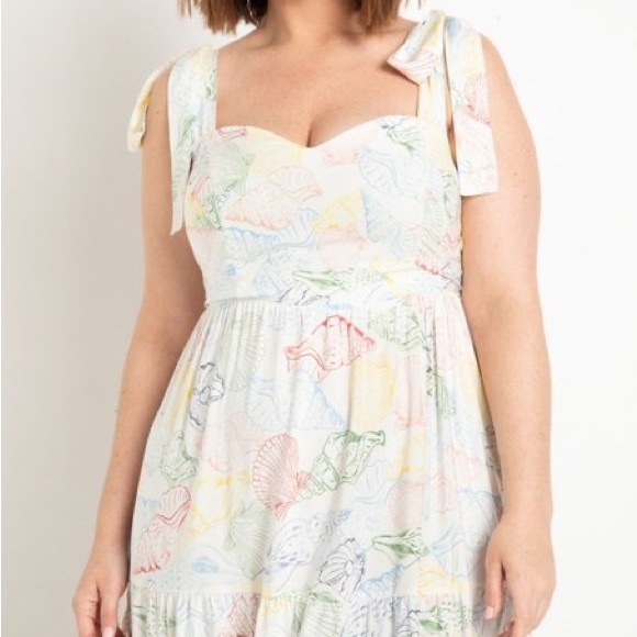 Eloquii Tiered Tie Straps Smocked Maxi Dress White She Sells Seashells 22 NWT - Picture 3 of 13